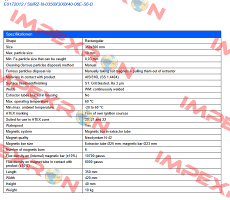 E0172012 / SMRZ-N-0350X300X40-06E-S6-B Goudsmit Magnetics
