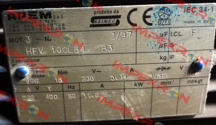 HFV 100LB4 B3 obsolete,replaced by HBV 100LB 4 230.400-50 B3  Seimec (Rossi)