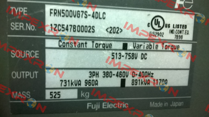 Type: FRN500VG7S-4DLC S/N: 1ZC547B0002S 202  Fuji